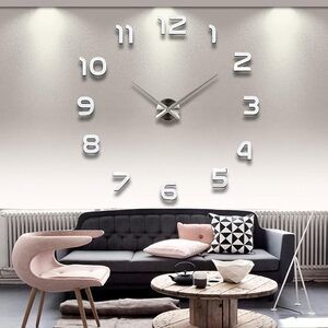 3D DIY Wall Clock Arabic Numerals Clock Frameless Mirror Wall 19-27 Inch, Silver